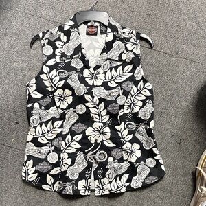 Vintage 80s Harley-Davidson Black and White Floral Tank Top